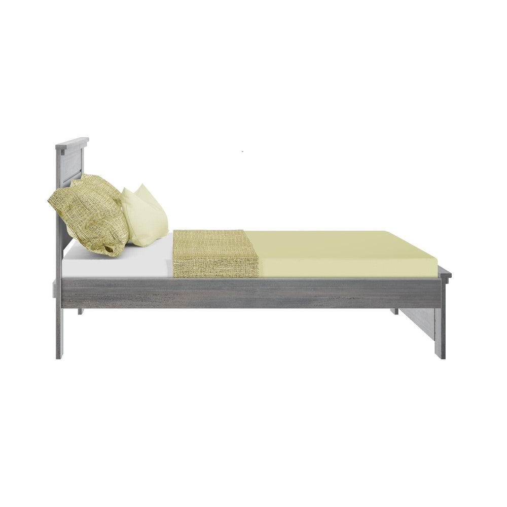 Max and Lily Modern Farmhouse Full Panel Bed in Driftwood - side profile of the bed with pillows and a throw over a mattress on the low platform frame.