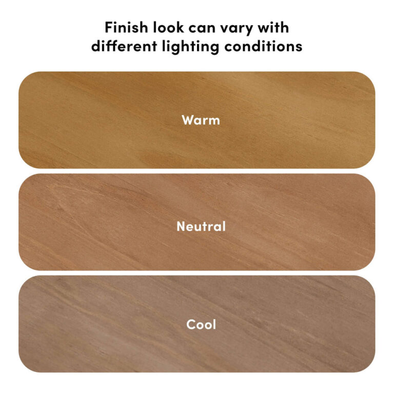 Max And Lily Modern Farmhouse Full Panel Bed Finish Lighting Diagram Max and Lily Modern Farmhouse Full Panel Bed - diagram showing how the wood finish looks warm, neutral, and cool under different lighting conditions.