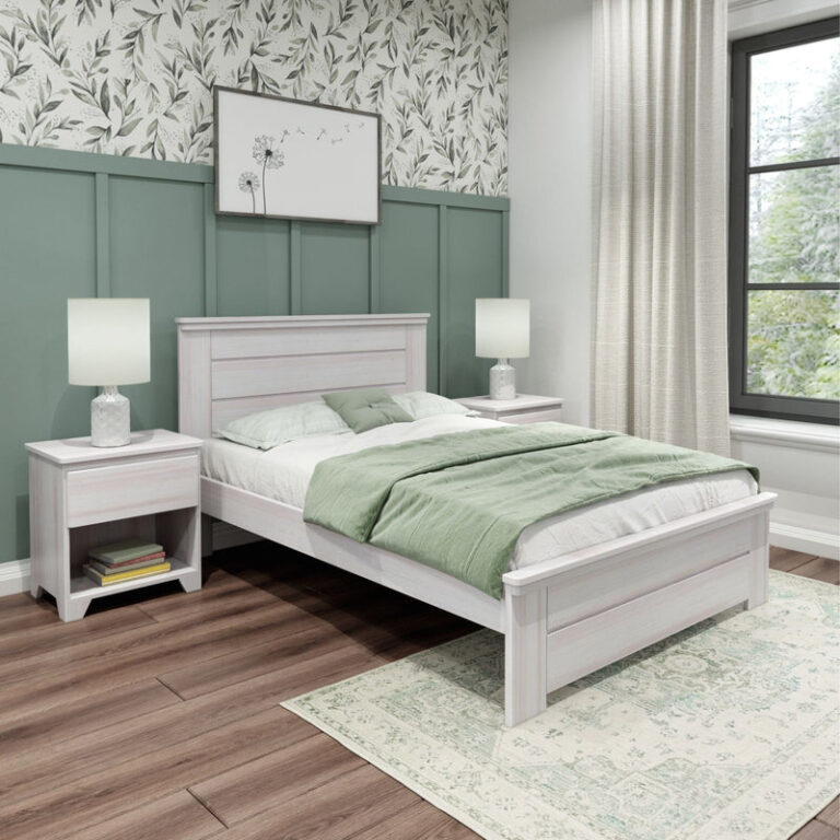 Max And Lily Modern Farmhouse Full Panel Bed Pecan Room Scene 1 Max and Lily Modern Farmhouse Full Panel Bed in Pecan - full bedroom scene with matching nightstands, table lamps, and green bedding against a farmhouse wallpaper wall