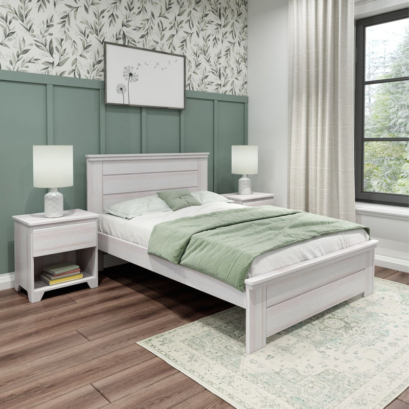 Max and Lily Modern Farmhouse Full Panel Bed in Pecan - full bedroom scene with matching nightstands, table lamps, and green bedding against a farmhouse wallpaper wall