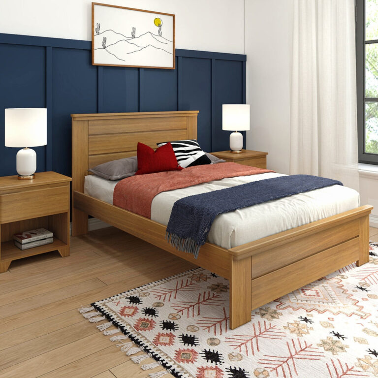 Max And Lily Modern Farmhouse Full Panel Bed Room Scene Max and Lily Modern Farmhouse Full Panel Bed - styled in a bedroom with two wood nightstands, table lamps, a patterned rug, and a navy accent wall.