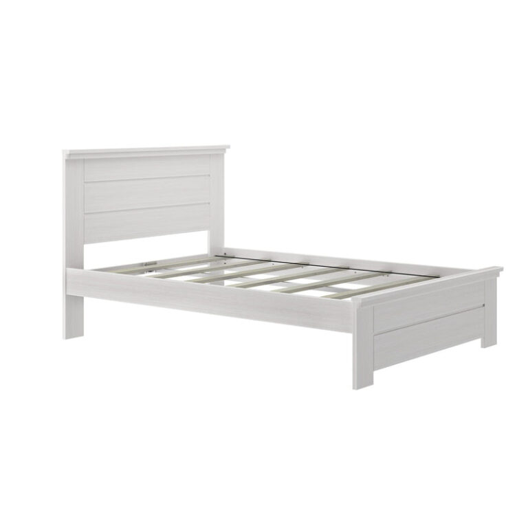 Max And Lily Modern Farmhouse Full Panel Bed White Wash Angle View Max and Lily Modern Farmhouse Full Panel Bed in White Wash - angled studio view of the bare bed frame showing the panel headboard, footboard, and support slats