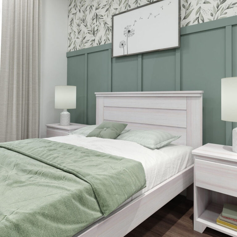 Max And Lily Modern Farmhouse Full Panel Bed White Wash Headboard Detail Max and Lily Modern Farmhouse Full Panel Bed in White Wash - close view of the panel headboard with green bedding and bedside table lamps