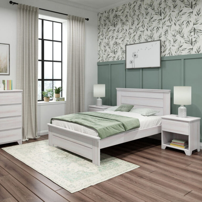 Max And Lily Modern Farmhouse Full Panel Bed White Wash Room Scene 6 Max and Lily Modern Farmhouse Full Panel Bed in White Wash - full bedroom scene with nightstands, dresser, curtained window, and area rug