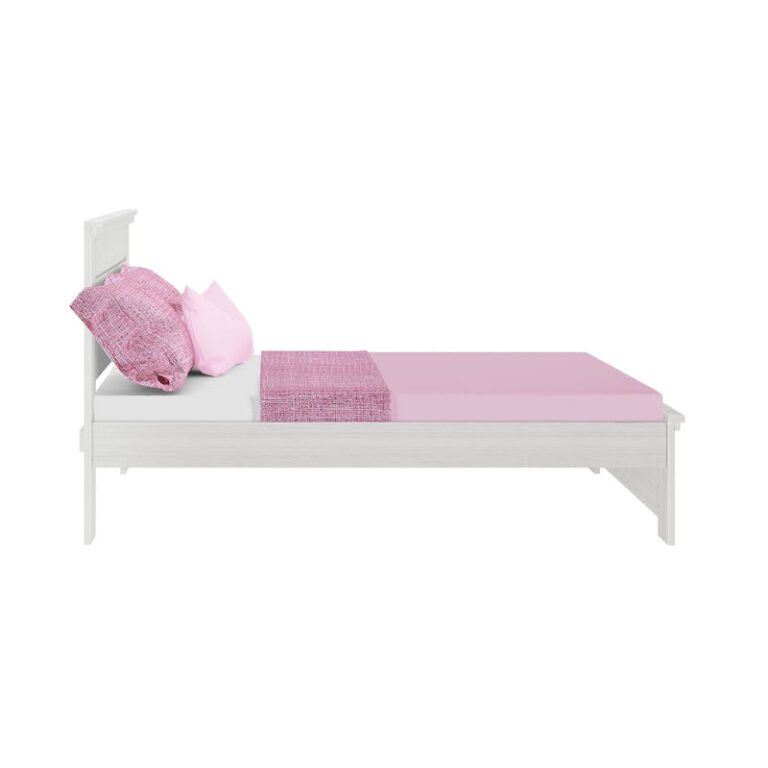 Max And Lily Modern Farmhouse Full Panel Bed White Wash Side View Max and Lily Modern Farmhouse Full Panel Bed in White Wash - side profile view with pink mattress and pillows showing the low footboard height