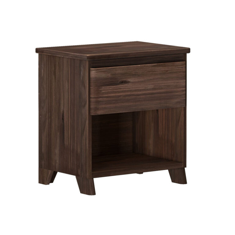 Max And Lily Modern Farmhouse Night Stand Barnwood Brown Angle View Max and Lily Modern Farmhouse Night Stand in Barnwood Brown - angled view showing the single drawer and open lower shelf