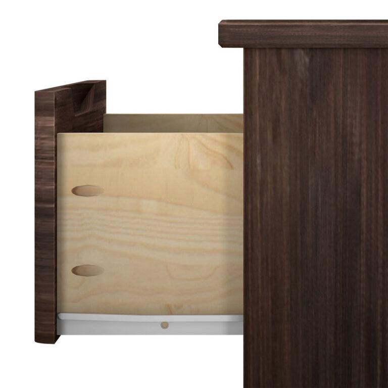 Max And Lily Modern Farmhouse Night Stand Barnwood Brown Drawer Detail Max and Lily Modern Farmhouse Night Stand in Barnwood Brown - close-up of the drawer pulled out showing its construction