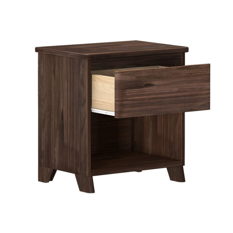 Max And Lily Modern Farmhouse Night Stand Barnwood Brown Drawer Open Max and Lily Modern Farmhouse Night Stand in Barnwood Brown - angled view with the drawer open revealing the storage interior