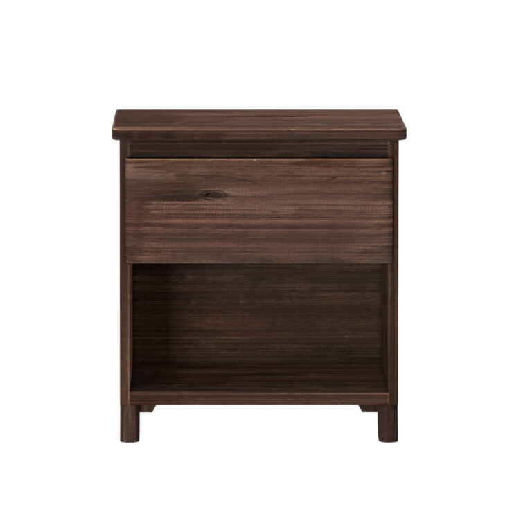 Max And Lily Modern Farmhouse Night Stand Barnwood Brown Front View Max and Lily Modern Farmhouse Night Stand in Barnwood Brown - front view showing the drawer and open lower shelf