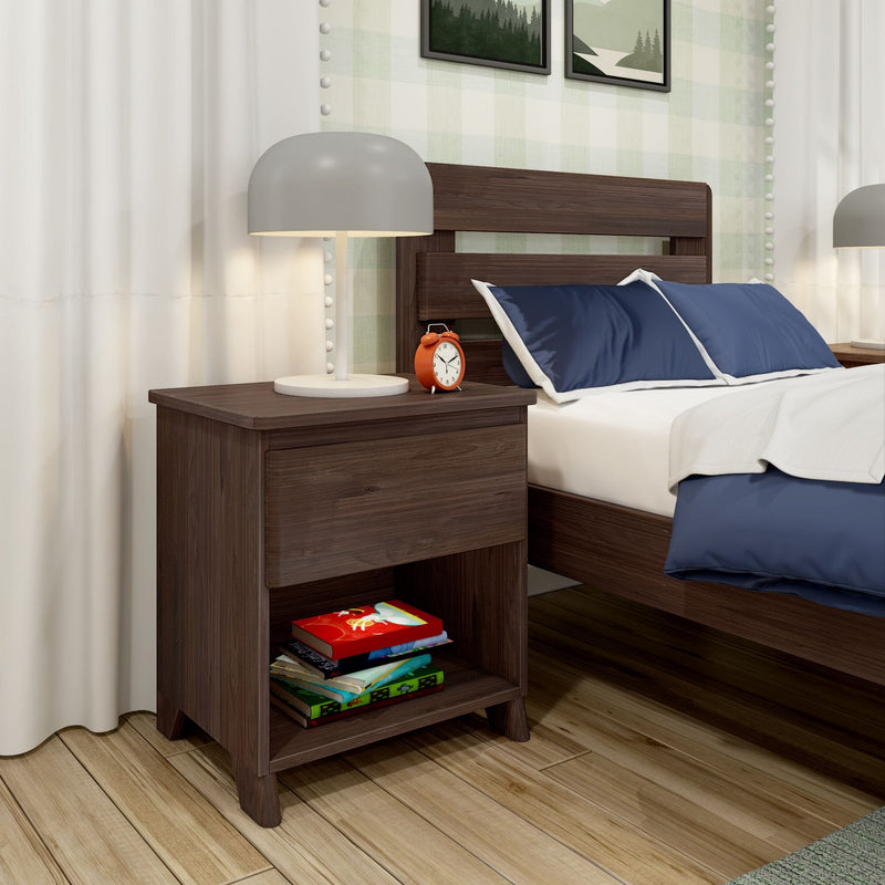 Max And Lily Modern Farmhouse Night Stand Barnwood Brown Room Scene 1 Max and Lily Modern Farmhouse Night Stand in Barnwood Brown - styled beside a bed with a lamp, alarm clock, and books on the open lower shelf