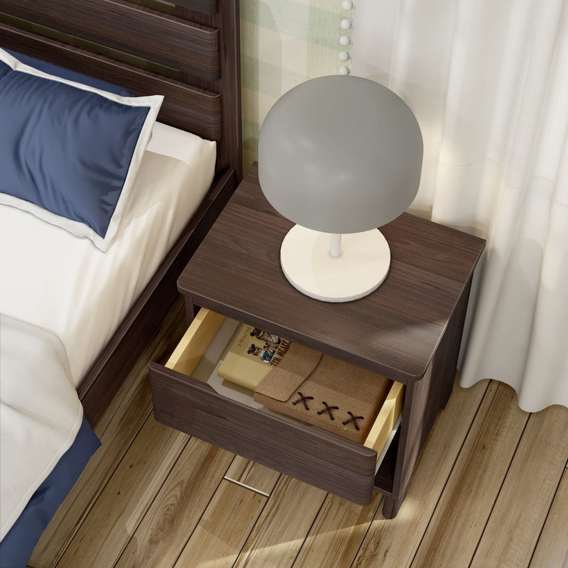 Max And Lily Modern Farmhouse Night Stand Barnwood Brown Storage Drawer Open Max and Lily Modern Farmhouse Night Stand in Barnwood Brown - top-down view beside a bed with the drawer open showing stored books and folded items