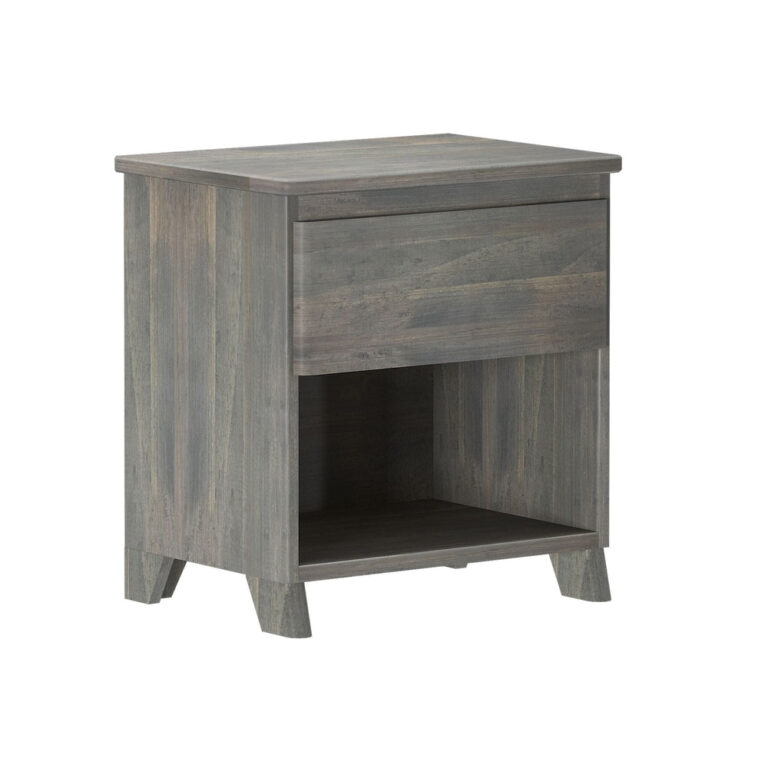Max And Lily Modern Farmhouse Night Stand Driftwood Angle View Max and Lily Modern Farmhouse Night Stand in Driftwood - angled view showing the closed drawer and open lower shelf.