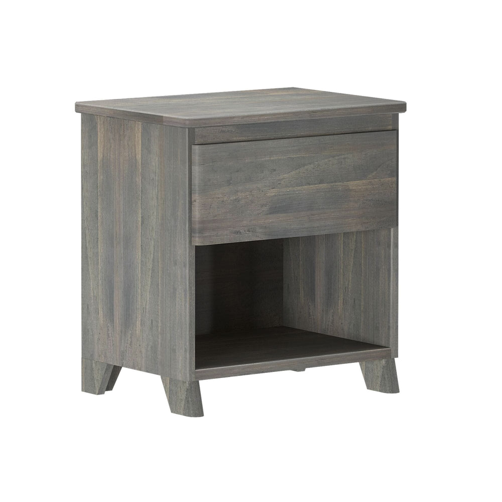 Max And Lily Modern Farmhouse Night Stand Driftwood Angle View Max and Lily Modern Farmhouse Night Stand in Driftwood - angled view showing the closed drawer and open lower shelf.