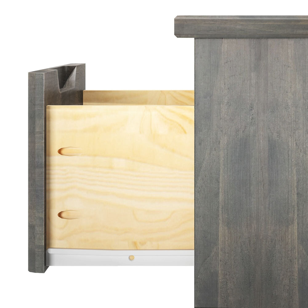 Max And Lily Modern Farmhouse Night Stand Driftwood Drawer Detail Max and Lily Modern Farmhouse Night Stand in Driftwood - close-up of the drawer construction with wooden pegs and dovetail joinery.