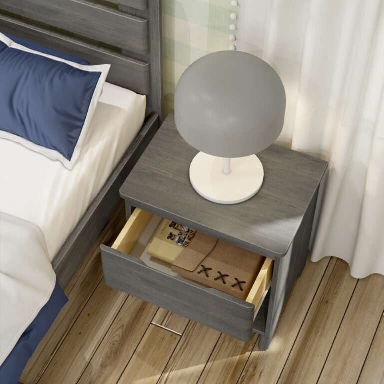 Max And Lily Modern Farmhouse Night Stand Driftwood Drawer Open 4 Max and Lily Modern Farmhouse Night Stand in Driftwood - top drawer open showing stored items in a bedroom setting.