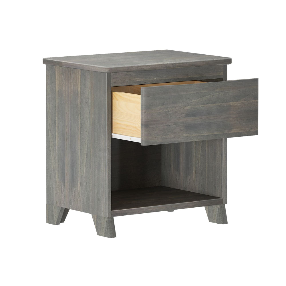 Max And Lily Modern Farmhouse Night Stand Driftwood Drawer Open 5 Max and Lily Modern Farmhouse Night Stand in Driftwood - top drawer pulled open to reveal the solid-wood drawer box.