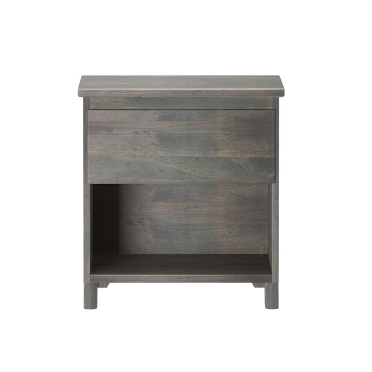 Max And Lily Modern Farmhouse Night Stand Driftwood Front View Max and Lily Modern Farmhouse Night Stand in Driftwood - front view showing the drawer and open lower storage shelf.