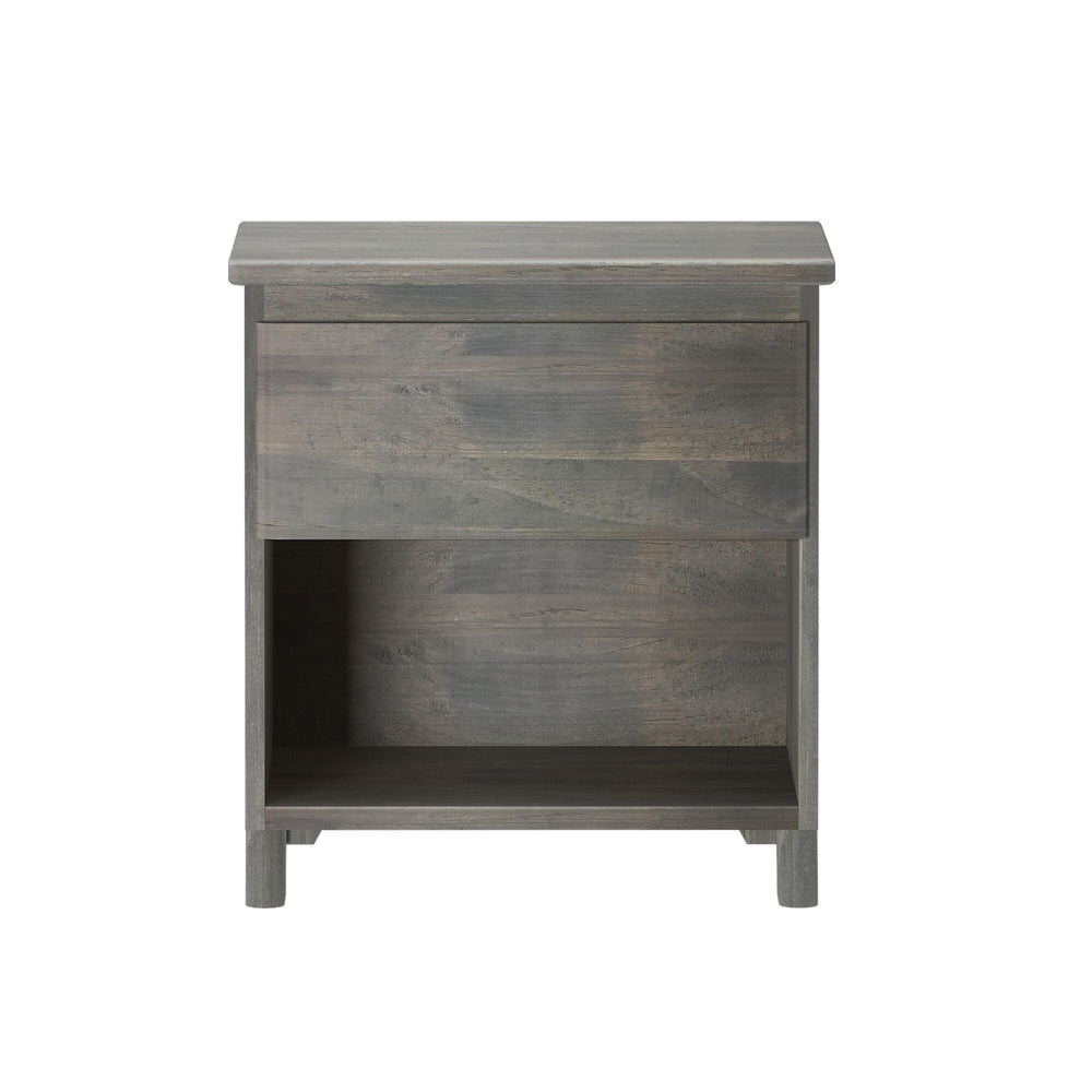 Max And Lily Modern Farmhouse Night Stand Driftwood Front View Max and Lily Modern Farmhouse Night Stand in Driftwood - front view showing the drawer and open lower storage shelf.