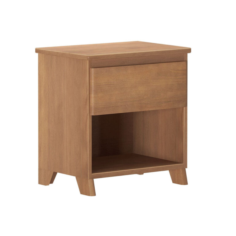 Max And Lily Modern Farmhouse Night Stand Pecan Angle View Max and Lily Modern Farmhouse Night Stand in Pecan - angled product view showing the single drawer and open lower shelf.