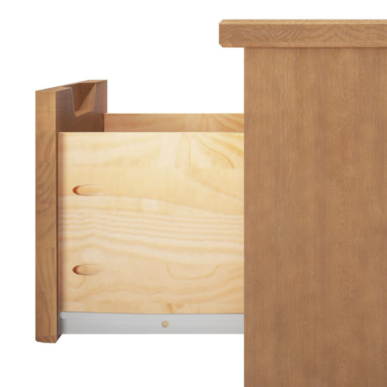 Max And Lily Modern Farmhouse Night Stand Pecan Drawer Construction Detail Max and Lily Modern Farmhouse Night Stand in Pecan - close-up of the solid wood construction and drawer box with metal glide.