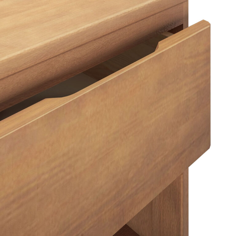 Max And Lily Modern Farmhouse Night Stand Pecan Drawer Detail Max and Lily Modern Farmhouse Night Stand in Pecan - close-up of the drawer front and its recessed pull edge.