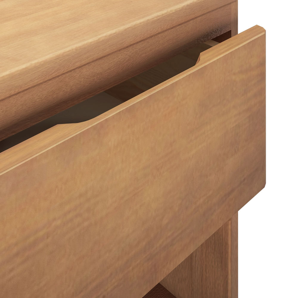 Max And Lily Modern Farmhouse Night Stand Pecan Drawer Detail Max and Lily Modern Farmhouse Night Stand in Pecan - close-up of the drawer front and its recessed pull edge.