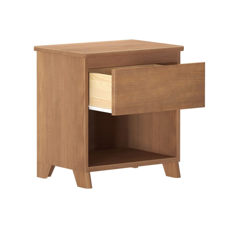 Max And Lily Modern Farmhouse Night Stand Pecan Drawer Open Max and Lily Modern Farmhouse Night Stand in Pecan - angled view with the drawer open showing the interior storage space above the open shelf.