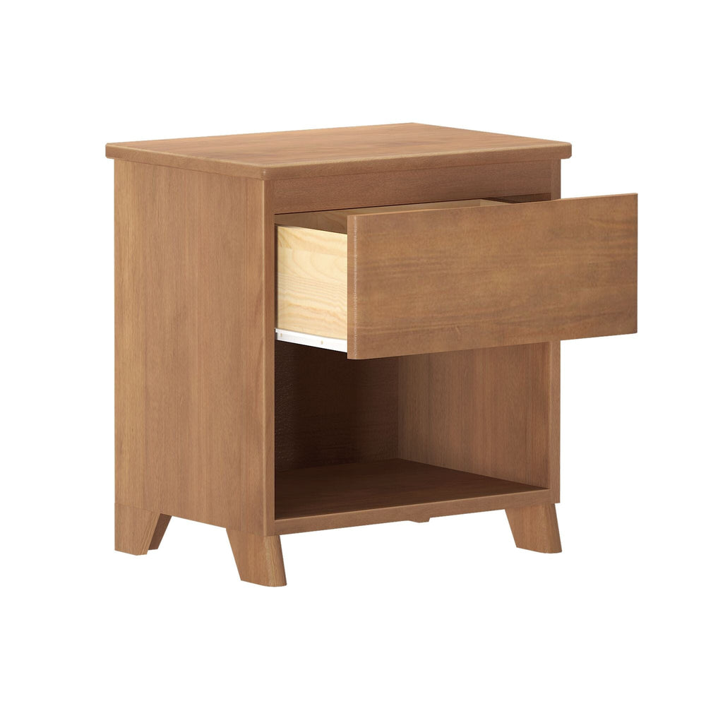Max And Lily Modern Farmhouse Night Stand Pecan Drawer Open Max and Lily Modern Farmhouse Night Stand in Pecan - angled view with the drawer open showing the interior storage space above the open shelf.