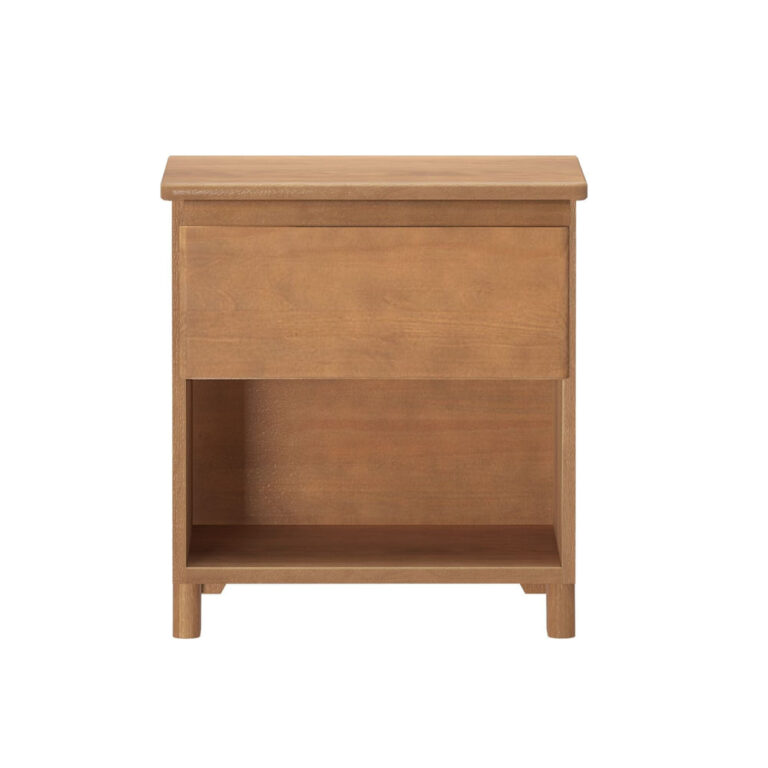 Max And Lily Modern Farmhouse Night Stand Pecan Front View Max and Lily Modern Farmhouse Night Stand in Pecan - straight-on front view showing the drawer and open lower shelf.