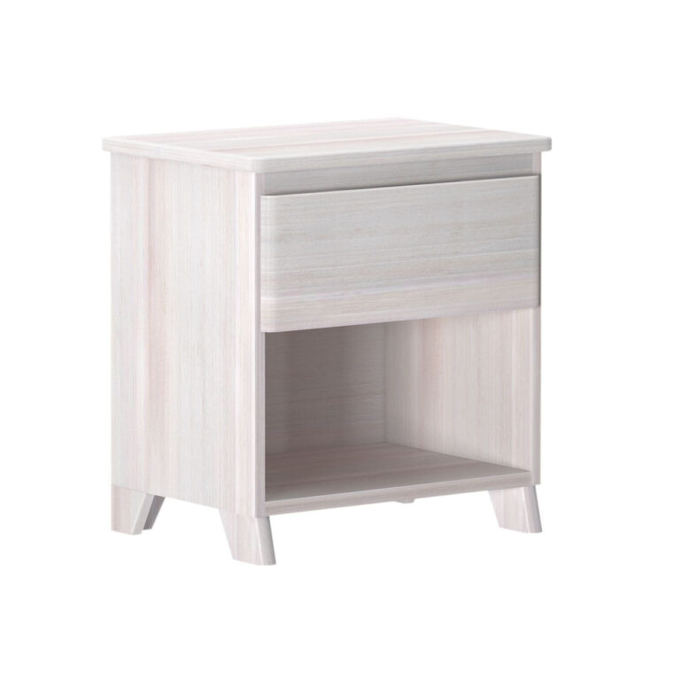 Max And Lily Modern Farmhouse Night Stand White Wash Angle View Max and Lily Modern Farmhouse Night Stand in White Wash - angled view showing the single drawer and open storage shelf on tapered legs.