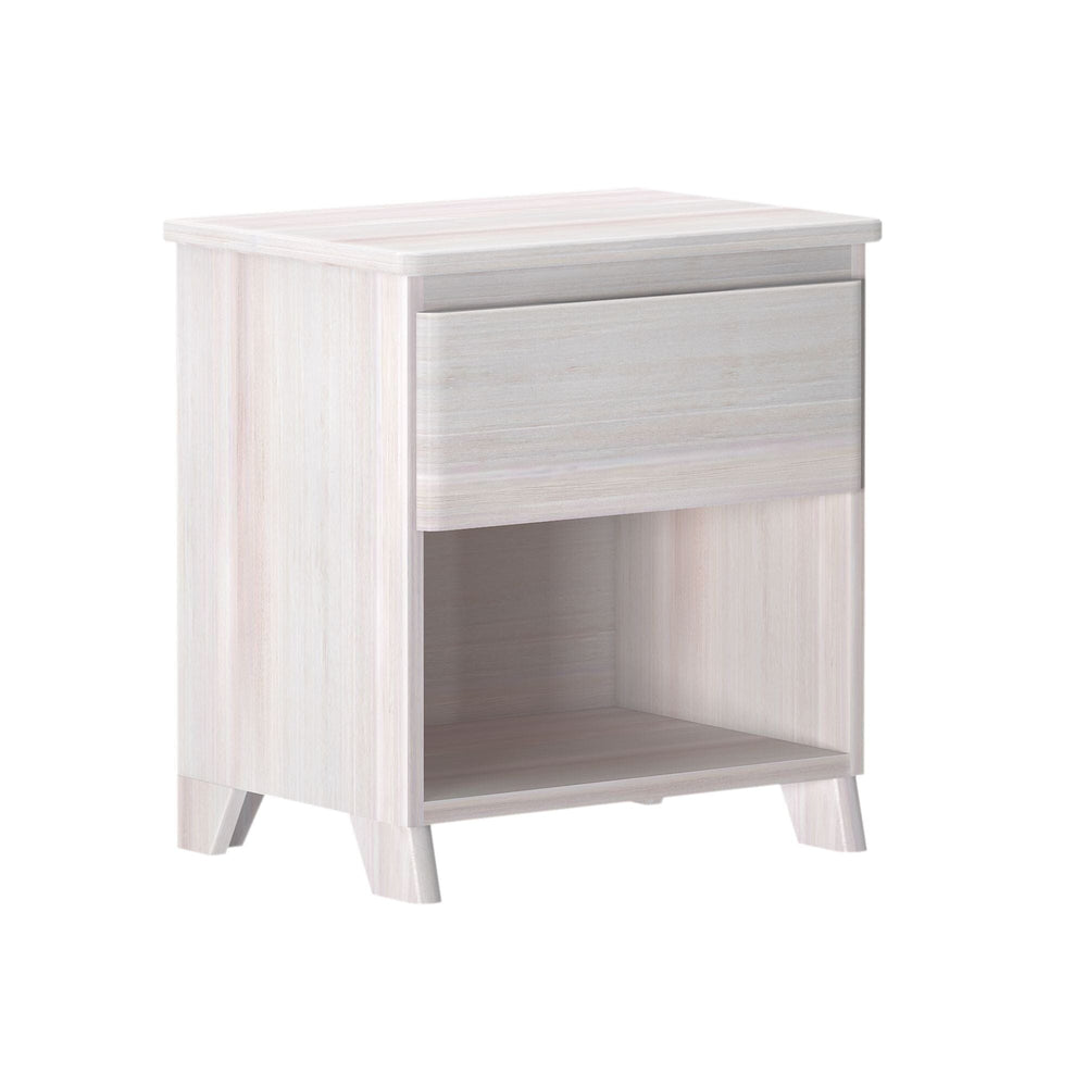 Max And Lily Modern Farmhouse Night Stand White Wash Angle View Max and Lily Modern Farmhouse Night Stand in White Wash - angled view showing the single drawer and open storage shelf on tapered legs.