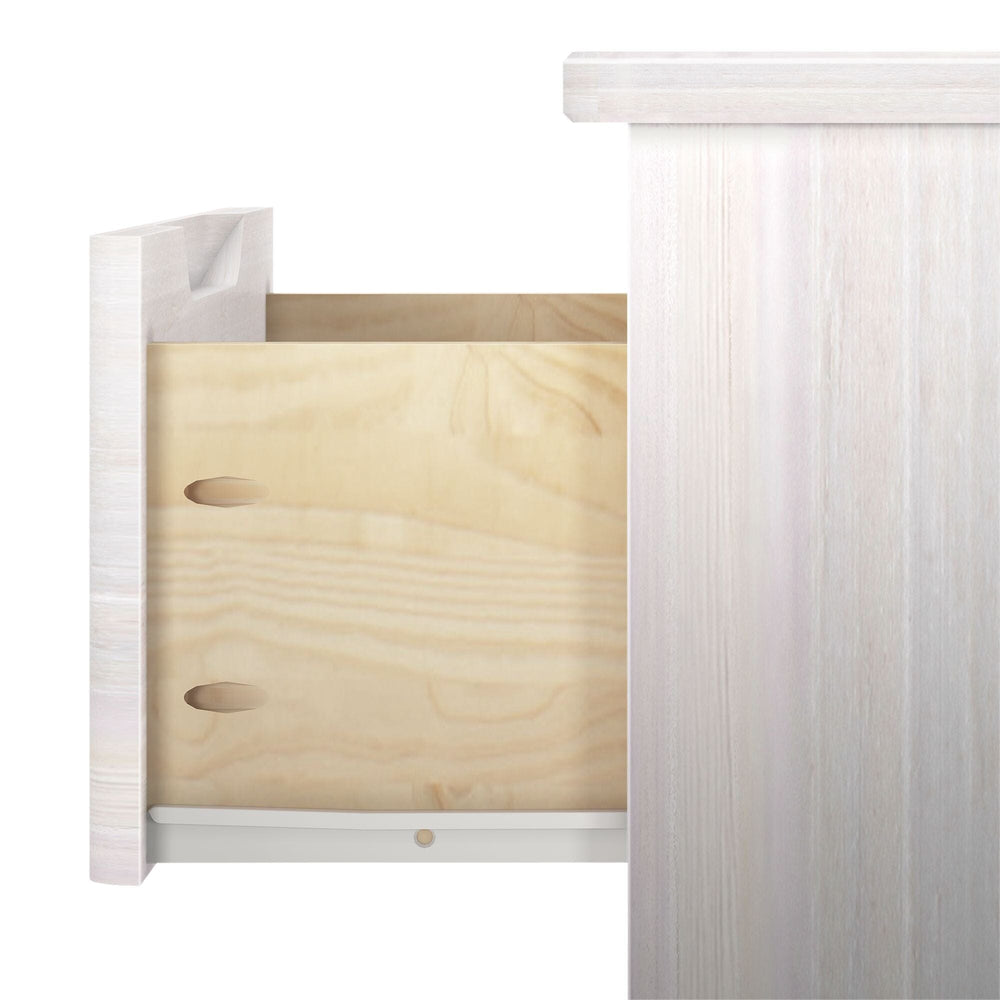 Max And Lily Modern Farmhouse Night Stand White Wash Drawer Detail 6 Max and Lily Modern Farmhouse Night Stand in White Wash - close-up of the pulled-out drawer showing the solid wood interior and drawer glide.