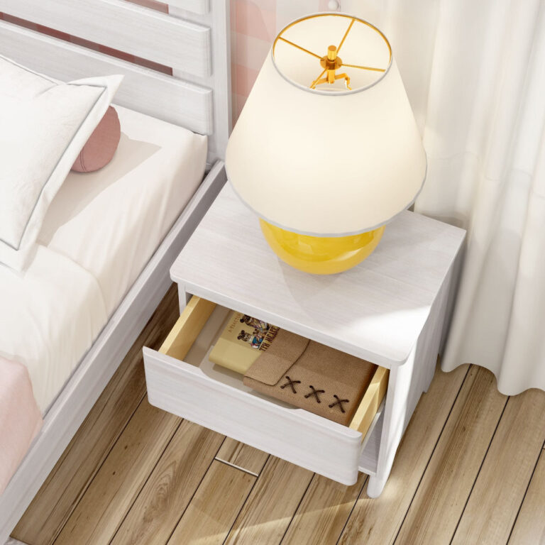 Max And Lily Modern Farmhouse Night Stand White Wash Drawer Open Max and Lily Modern Farmhouse Night Stand in White Wash - overhead view with the drawer pulled open revealing stored items inside.