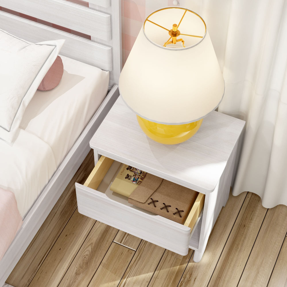 Max And Lily Modern Farmhouse Night Stand White Wash Drawer Open Max and Lily Modern Farmhouse Night Stand in White Wash - overhead view with the drawer pulled open revealing stored items inside.