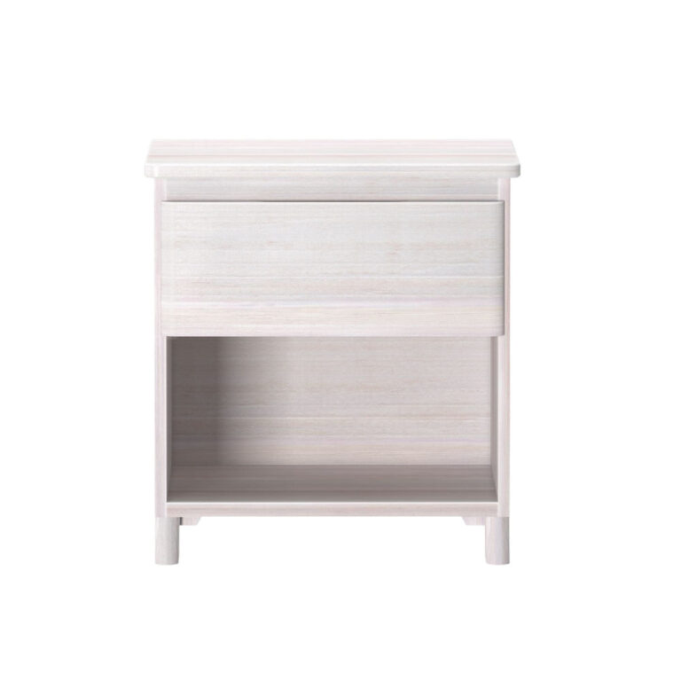 Max And Lily Modern Farmhouse Night Stand White Wash Front View Max and Lily Modern Farmhouse Night Stand in White Wash - front view showing the drawer above an open lower shelf on tapered legs.