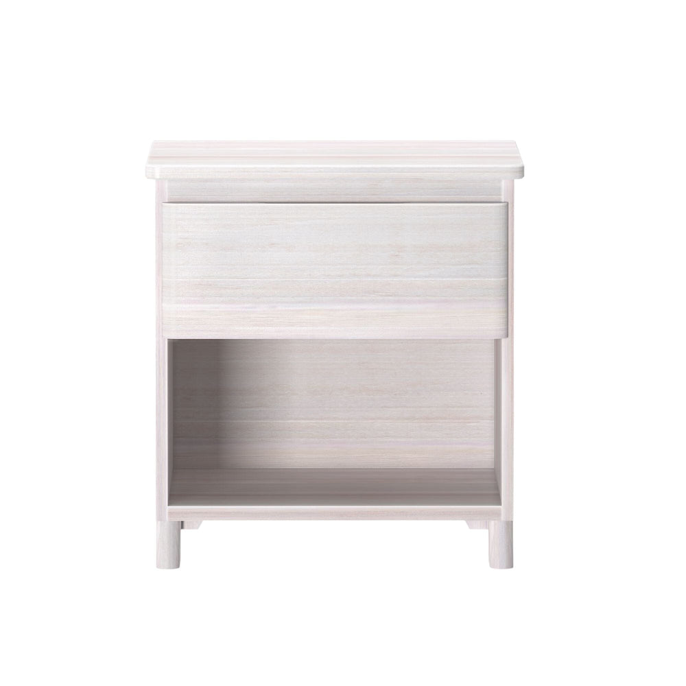 Max And Lily Modern Farmhouse Night Stand White Wash Front View Max and Lily Modern Farmhouse Night Stand in White Wash - front view showing the drawer above an open lower shelf on tapered legs.