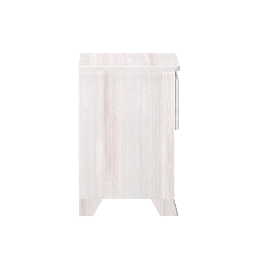 Max And Lily Modern Farmhouse Night Stand White Wash Side View Max and Lily Modern Farmhouse Night Stand in White Wash - side profile view showing the depth and tapered legs.
