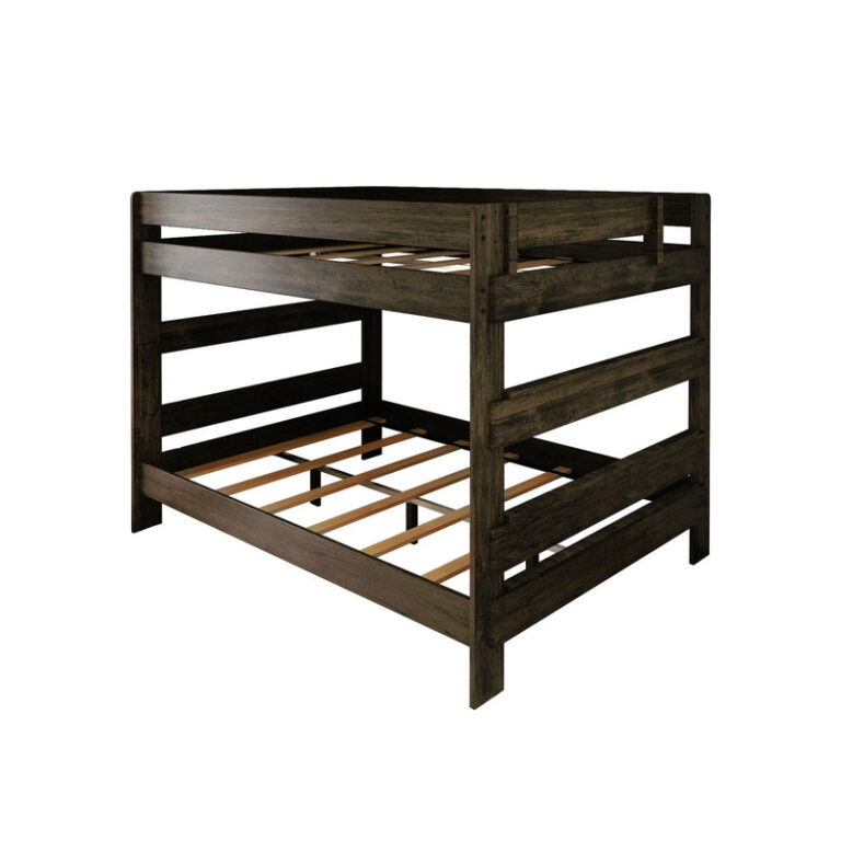 Max And Lily Modern Farmhouse Queen Over Queen Bunk Bed Barnwood Brown Angle View Max and Lily Modern Farmhouse Queen Over Queen Bunk Bed in Barnwood Brown - angled view showing the wooden slat platforms, guardrails and end ladder