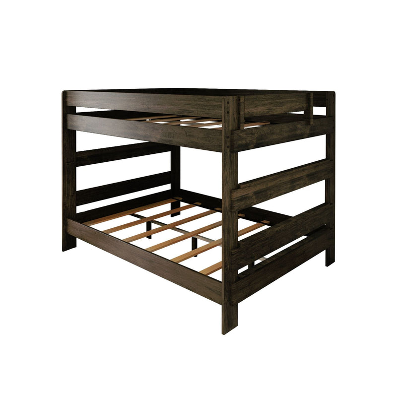 Max and Lily Modern Farmhouse Queen Over Queen Bunk Bed in Barnwood Brown - angled view showing the wooden slat platforms, guardrails and end ladder
