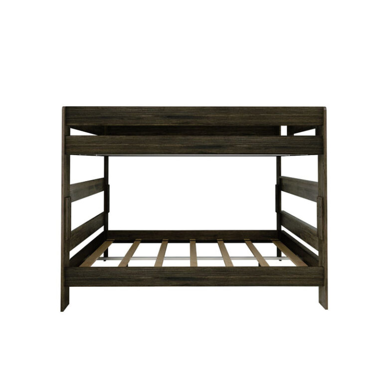 Max And Lily Modern Farmhouse Queen Over Queen Bunk Bed Barnwood Brown Front View Max and Lily Modern Farmhouse Queen Over Queen Bunk Bed in Barnwood Brown - front view showing the safety guardrails and slatted lower bunk
