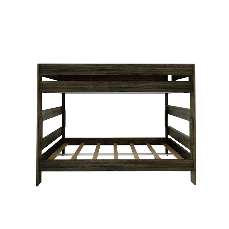 Max and Lily Modern Farmhouse Queen Over Queen Bunk Bed in Barnwood Brown - front view showing the safety guardrails and slatted lower bunk