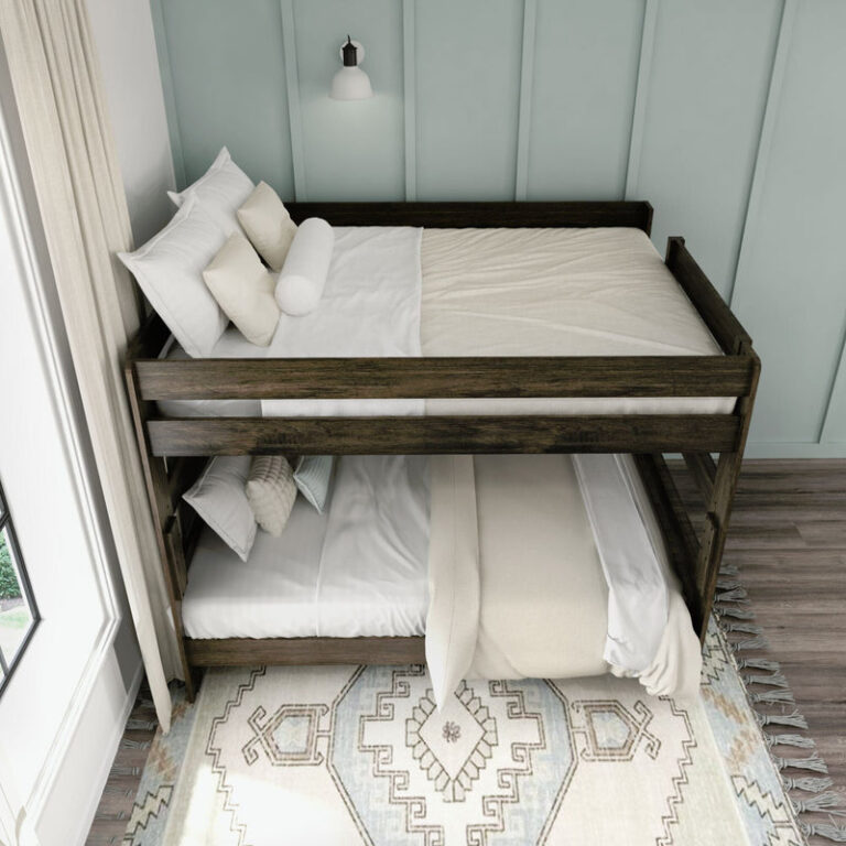 Max And Lily Modern Farmhouse Queen Over Queen Bunk Bed Barnwood Brown Room Scene 5 Max and Lily Modern Farmhouse Queen Over Queen Bunk Bed in Barnwood Brown - overhead view of both bunks made up with bedding in a bedroom