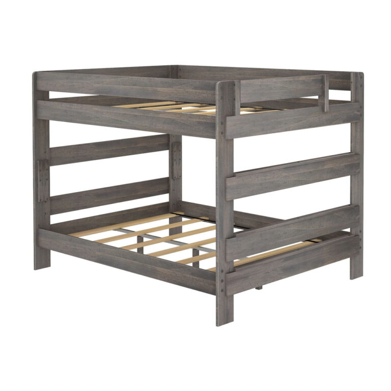 Max And Lily Modern Farmhouse Queen Over Queen Bunk Bed Driftwood Angle View Max and Lily Modern Farmhouse Queen Over Queen Bunk Bed in Driftwood - angle view of the bare frame showing the wooden slat supports and safety guardrails