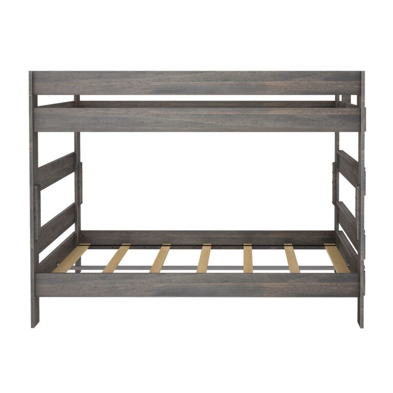 Max And Lily Modern Farmhouse Queen Over Queen Bunk Bed Driftwood End View Max and Lily Modern Farmhouse Queen Over Queen Bunk Bed in Driftwood - end view of the bare frame showing the built-in ladder rungs and slat supports