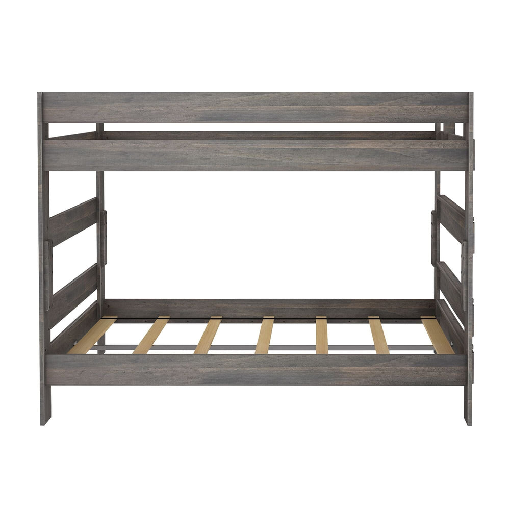 Max and Lily Modern Farmhouse Queen Over Queen Bunk Bed in Driftwood - end view of the bare frame showing the built-in ladder rungs and slat supports