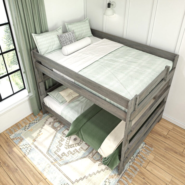 Max And Lily Modern Farmhouse Queen Over Queen Bunk Bed Driftwood Room Scene Max and Lily Modern Farmhouse Queen Over Queen Bunk Bed in Driftwood - overhead view in a styled bedroom with sage bedding, curtains, and a patterned rug