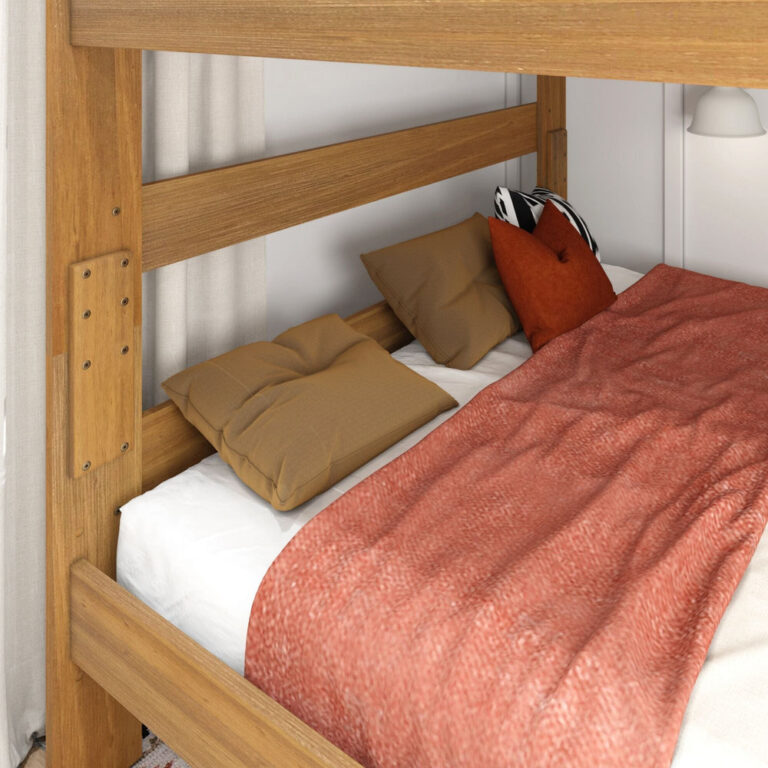 Max And Lily Modern Farmhouse Queen Over Queen Bunk Bed Hardware Detail Max and Lily Modern Farmhouse Queen Over Queen Bunk Bed - close-up of the lower bunk bedding and the metal reinforcement plate bolted to the corner post