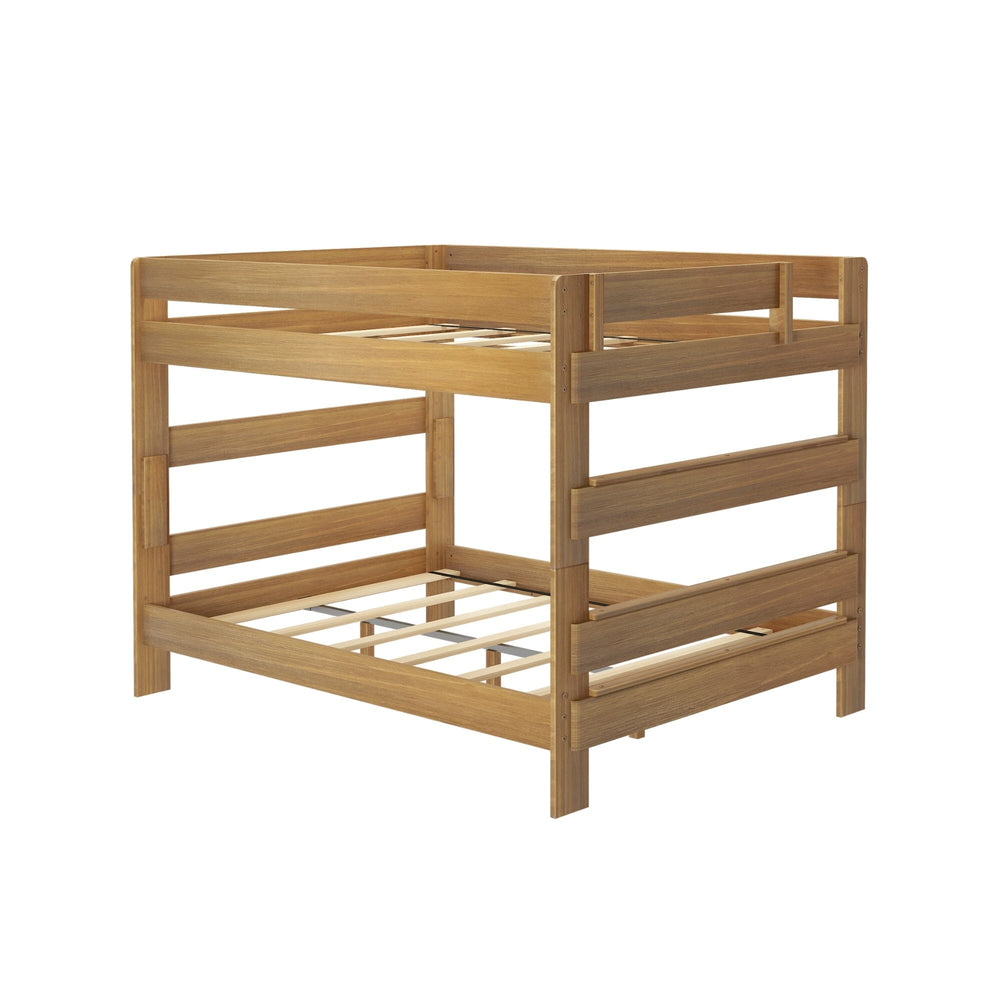 Max and Lily Modern Farmhouse Queen Over Queen Bunk Bed in Pecan - rear angled view showing the wooden mattress support slats on a white background