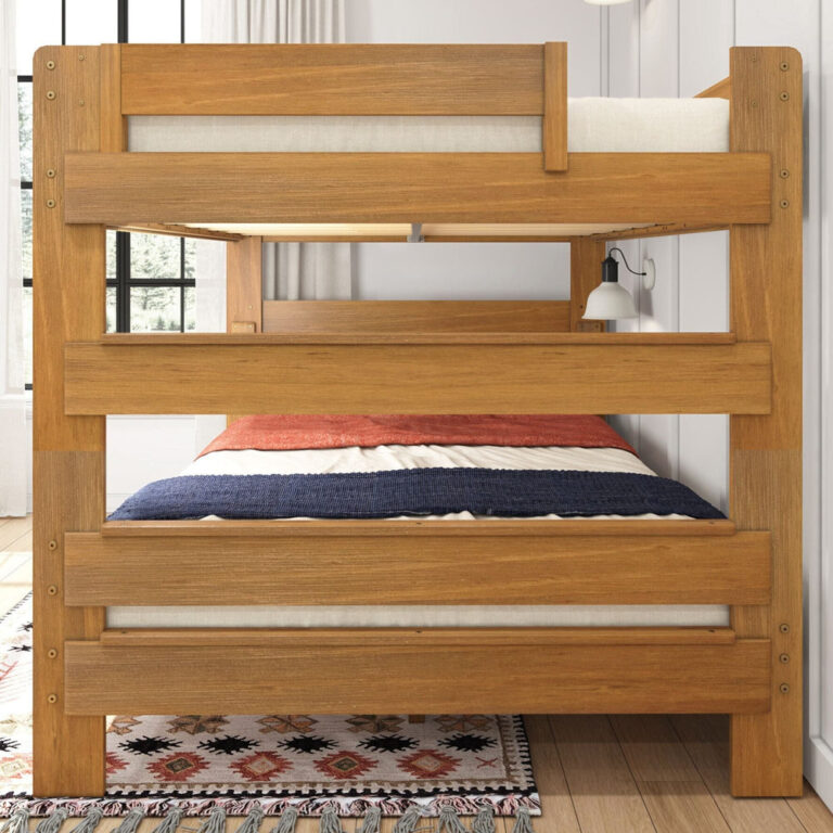 Max And Lily Modern Farmhouse Queen Over Queen Bunk Bed Pecan Front View Max and Lily Modern Farmhouse Queen Over Queen Bunk Bed in Pecan - front view of both made-up bunks in a bedroom with a wall lamp and area rug
