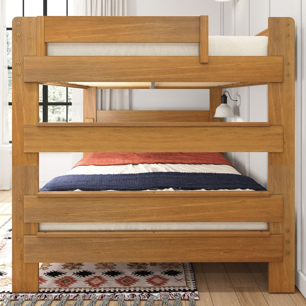 Max and Lily Modern Farmhouse Queen Over Queen Bunk Bed in Pecan - front view of both made-up bunks in a bedroom with a wall lamp and area rug